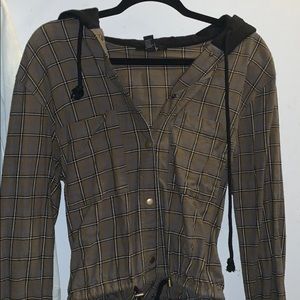 Plaid button up sweater with hood and ties